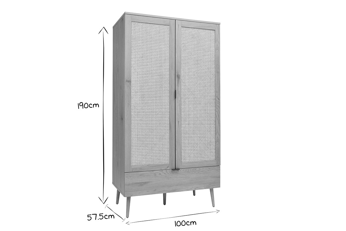 Armadio in legno chiaro, intreccio di rattan e metallo nero H190 cm MANILLE