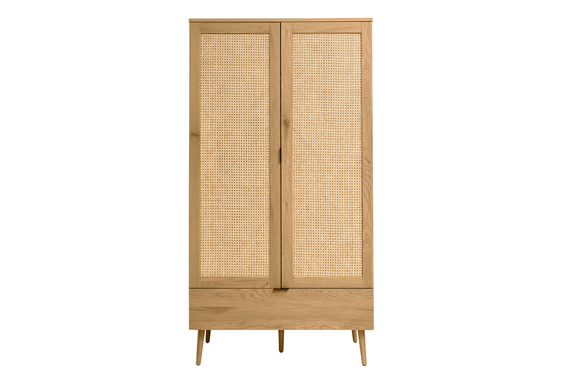 Armadio in legno chiaro, intreccio di rattan e metallo nero H190 cm MANILLE