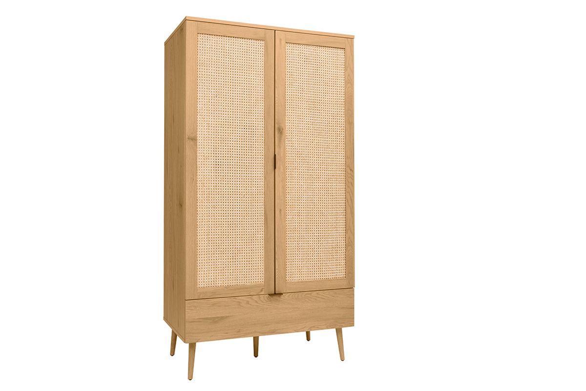 Armadio in legno chiaro, intreccio di rattan e metallo nero H190 cm MANILLE