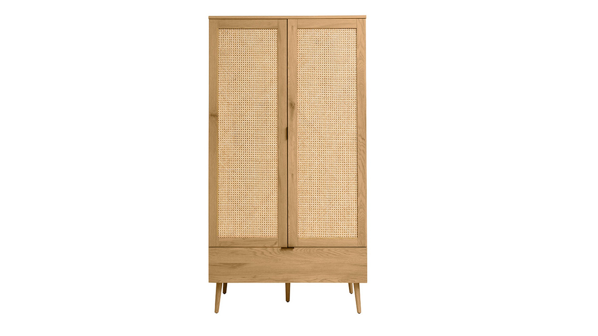 Armadio in legno chiaro, intreccio di rattan e metallo nero H190 cm MANILLE