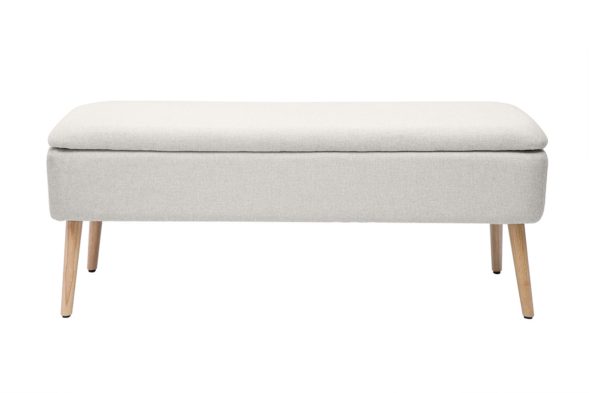 Cassapanca in tessuto effetto velluto beige e legno chiaro massello L120 cm LARS