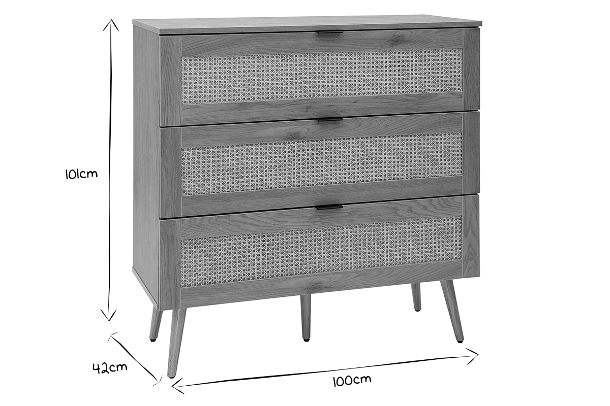 Com in legno chiaro, motivo a intreccio in rattan e metallo nero 3 cassetti L100 cm MANILLE