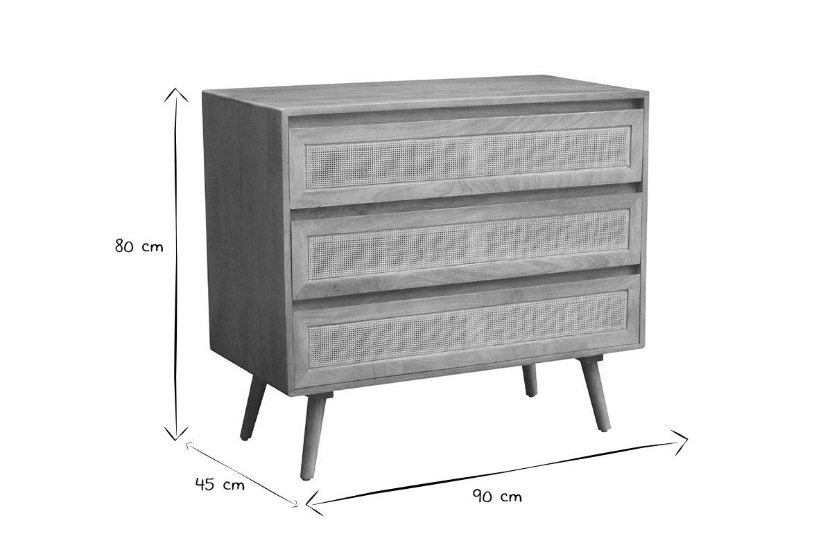 Com in legno massello di mango e motivo a intreccio rattan 3 cassetti L90 cm ACANGE