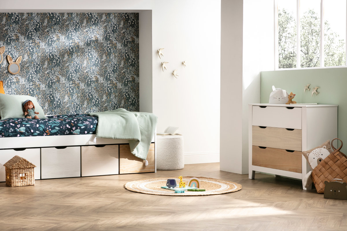 Com scandinavo con 3 cassetti bianco e legno MOLENE