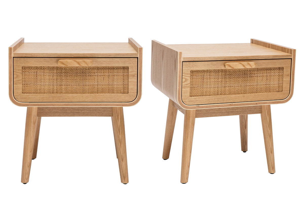 Comodini con cassetto in legno massello chiaro e motivo a intreccio in rattan L50 cm (set di 2) ATHNE