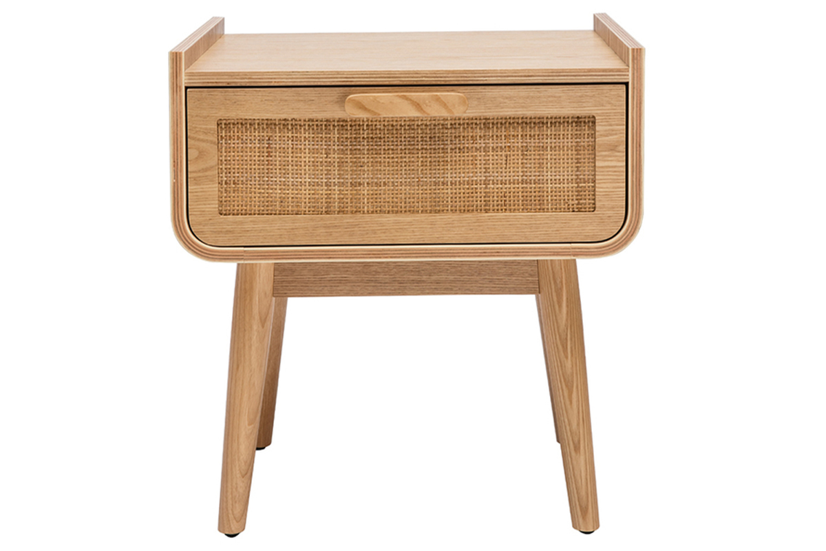 Comodini con cassetto in legno massello chiaro e motivo a intreccio in rattan L50 cm (set di 2) ATHNE