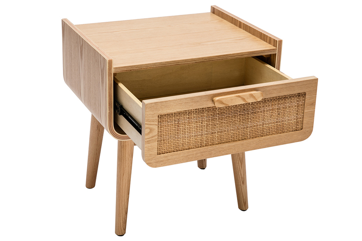 Comodini con cassetto in legno massello chiaro e motivo a intreccio in rattan L50 cm (set di 2) ATHNE