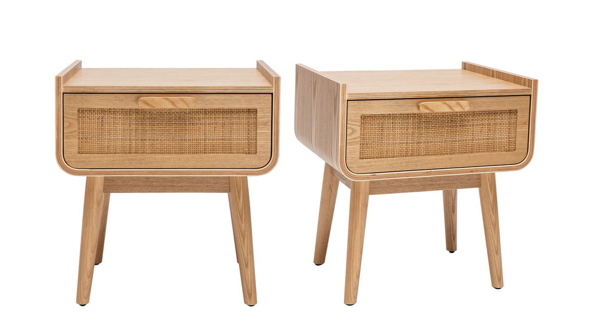 Comodini con cassetto in legno massello chiaro e motivo a intreccio in rattan L50 cm (set di 2) ATHNE