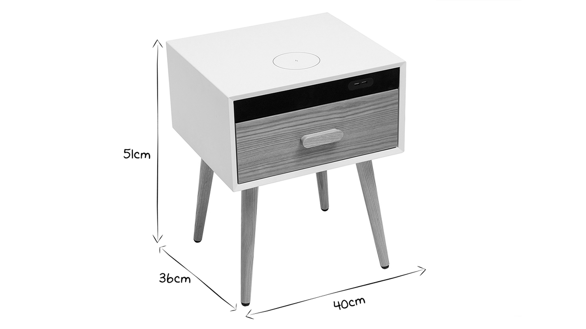 Comodini con connessione multimediale bianco opaco e legno massello chiaro L40 (set di 2) PAVAN