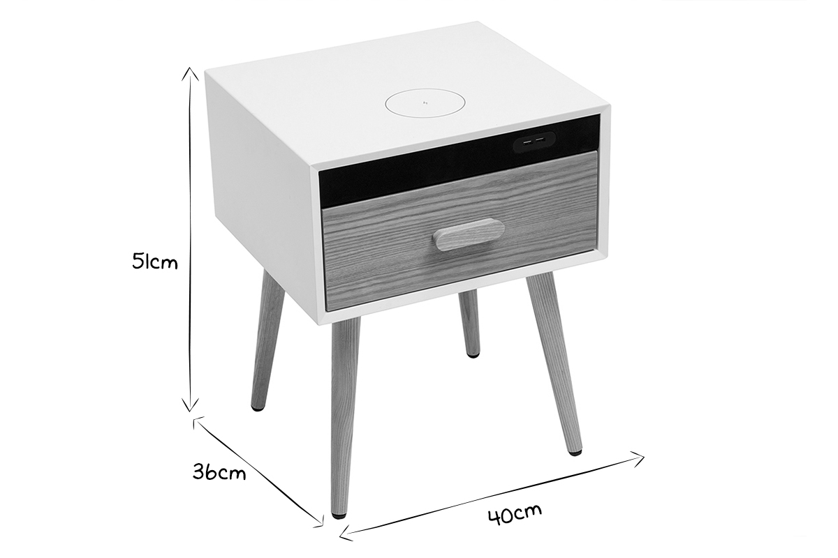 Comodini con connessione multimediale bianco opaco e legno massello chiaro L40 (set di 2) PAVAN