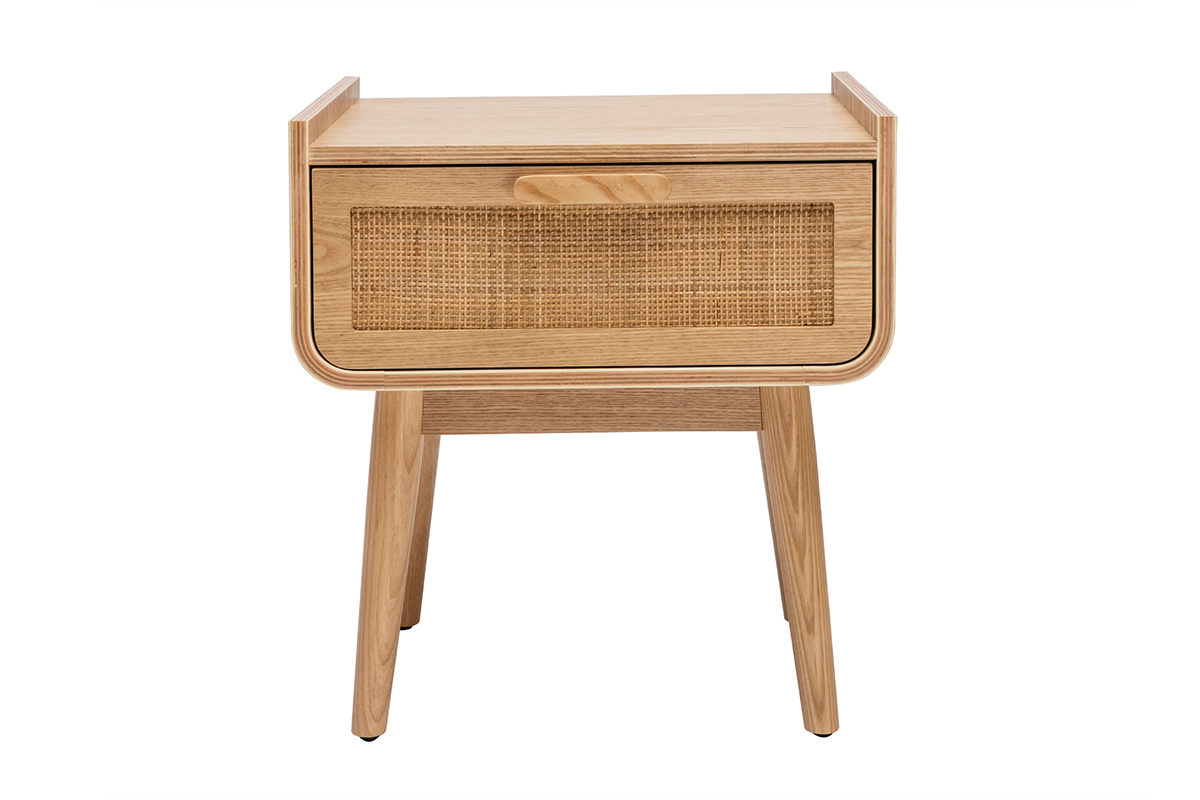 Comodino con cassetto in legno massello chiaro e motivo a intreccio in rattan L50 cm ATHNE