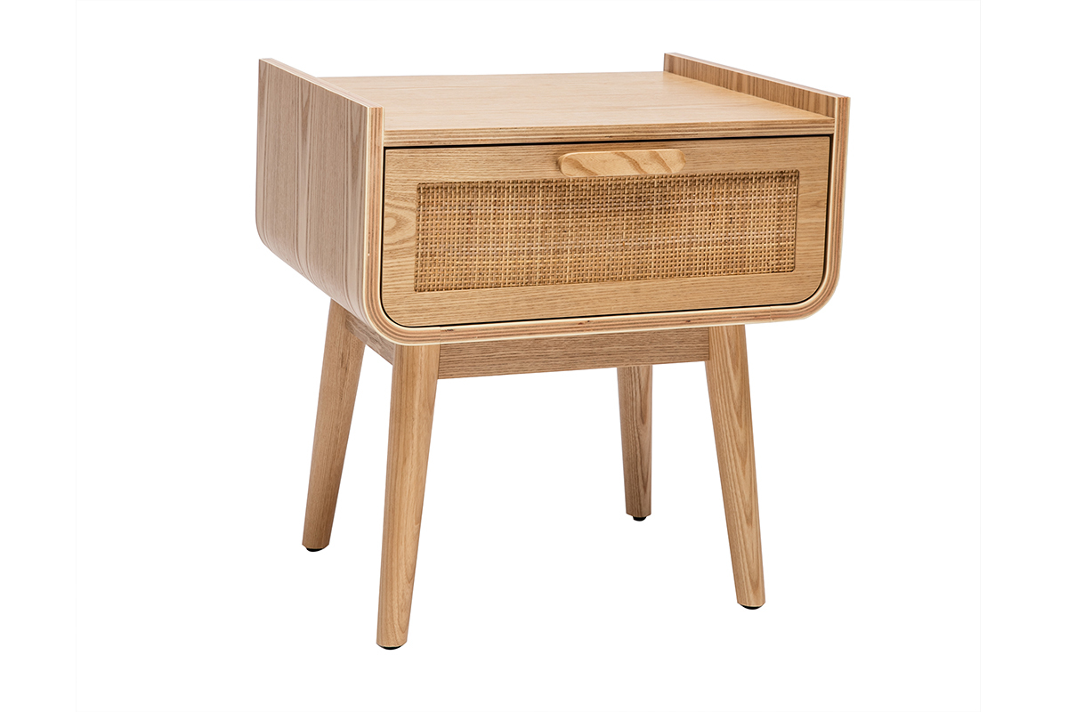 Comodino con cassetto in legno massello chiaro e motivo a intreccio in rattan L50 cm ATHNE