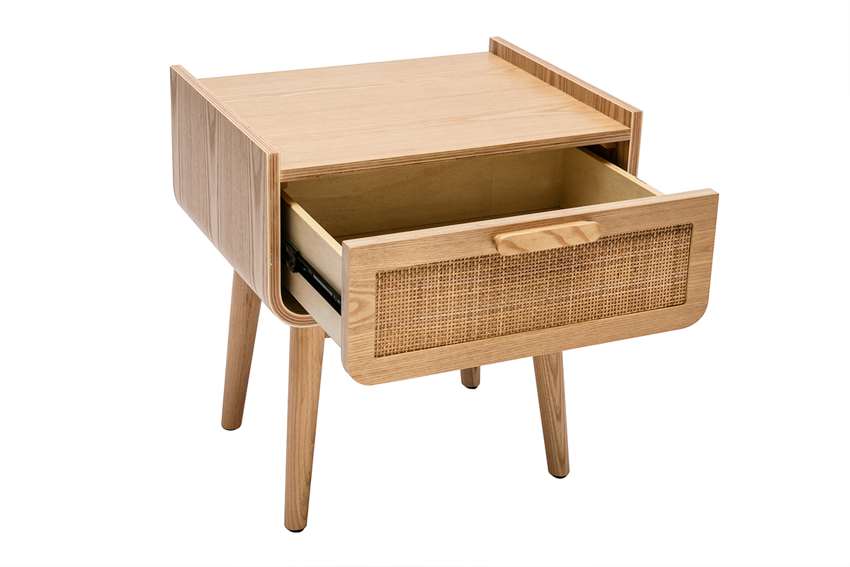 Comodino con cassetto in legno massello chiaro e motivo a intreccio in rattan L50 cm ATHNE