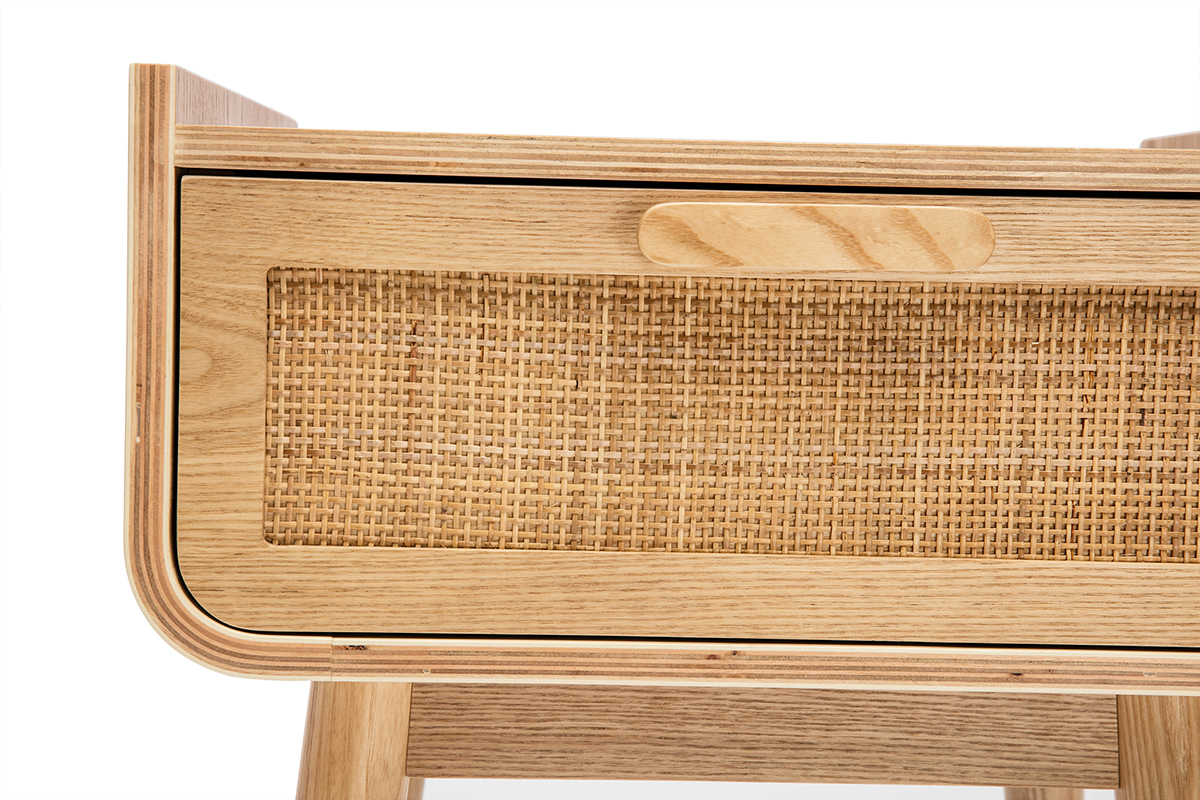 Comodino con cassetto in legno massello chiaro e motivo a intreccio in rattan L50 cm ATHNE