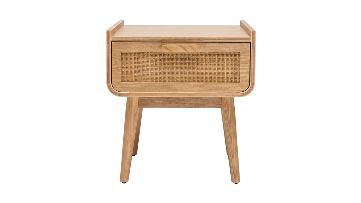 Comodino con cassetto in legno massello chiaro e motivo a intreccio in rattan L50 cm ATHNE