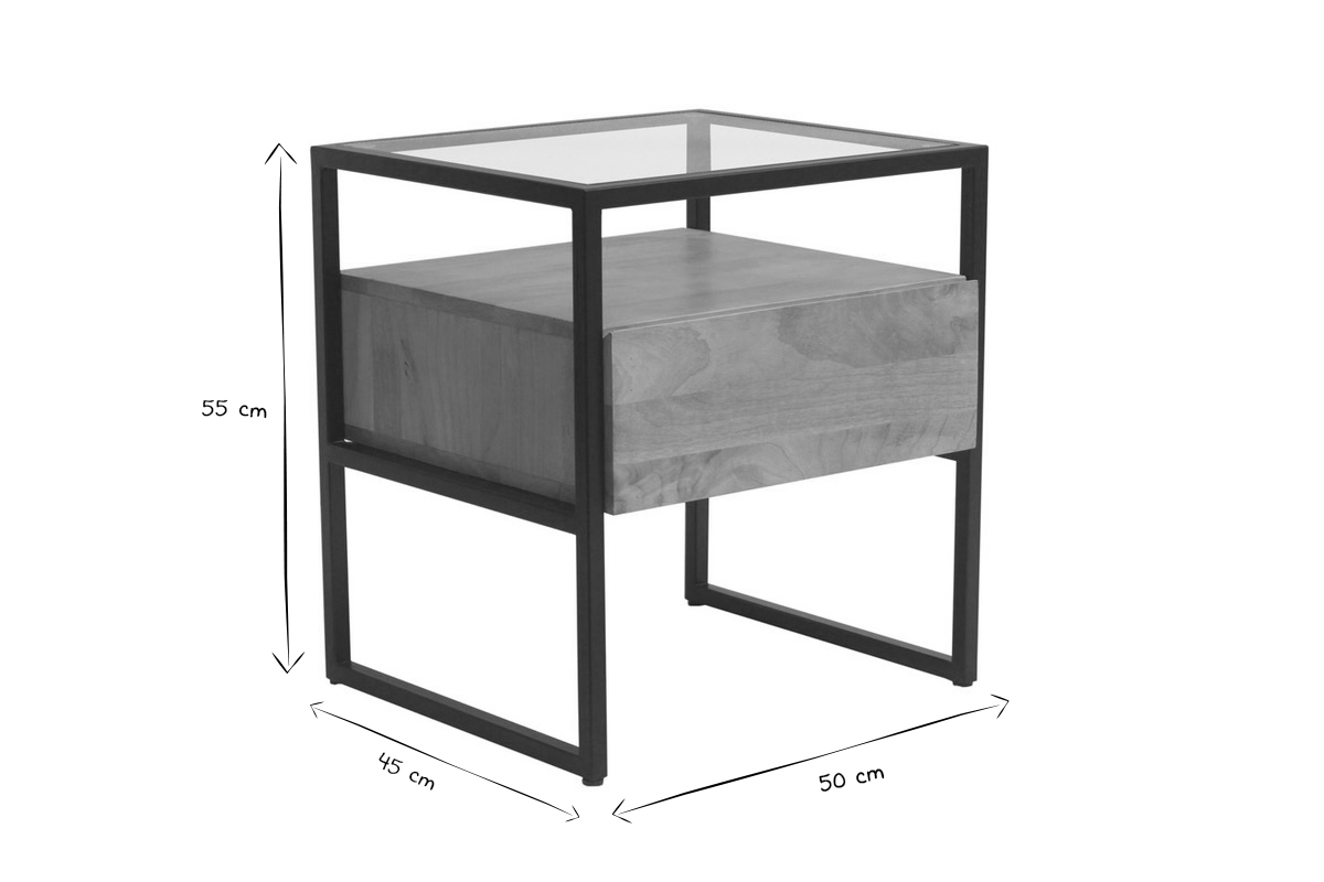 Comodino con cassetto in legno massello di mango, vetro e metallo nero L50 cm DIYA