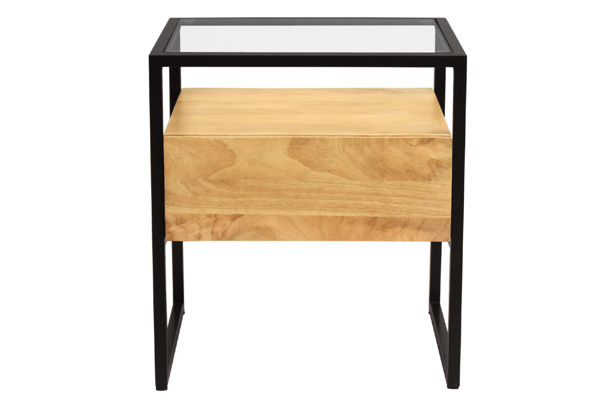 Comodino con cassetto in legno massello di mango, vetro e metallo nero L50 cm DIYA