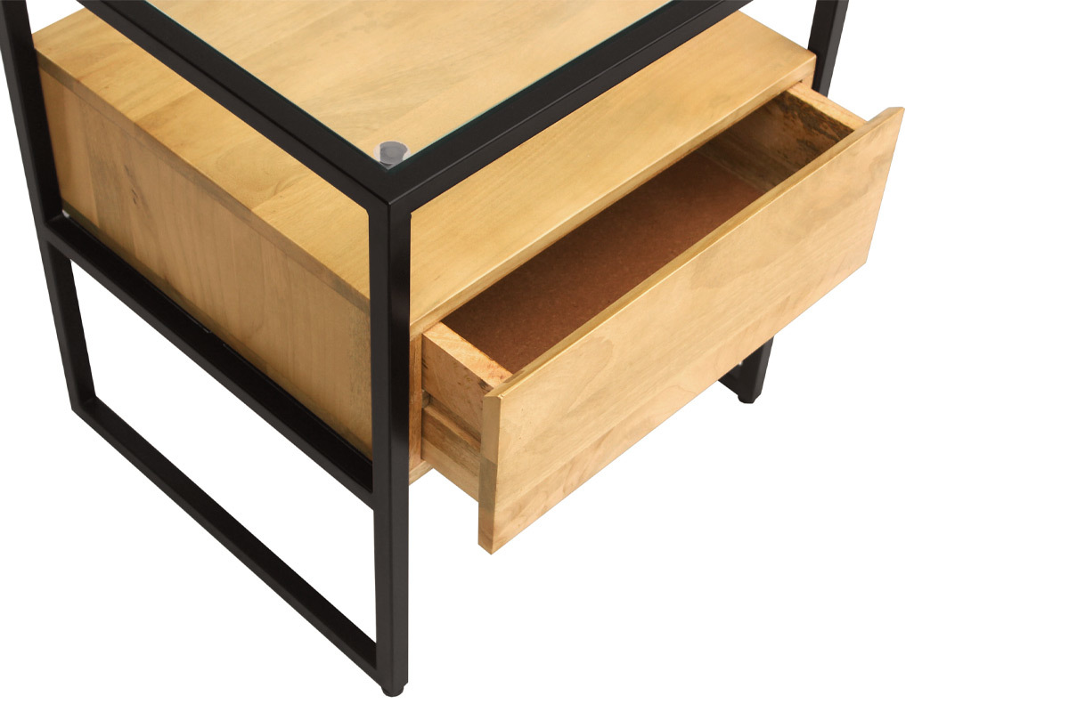 Comodino con cassetto in legno massello di mango, vetro e metallo nero L50 cm DIYA