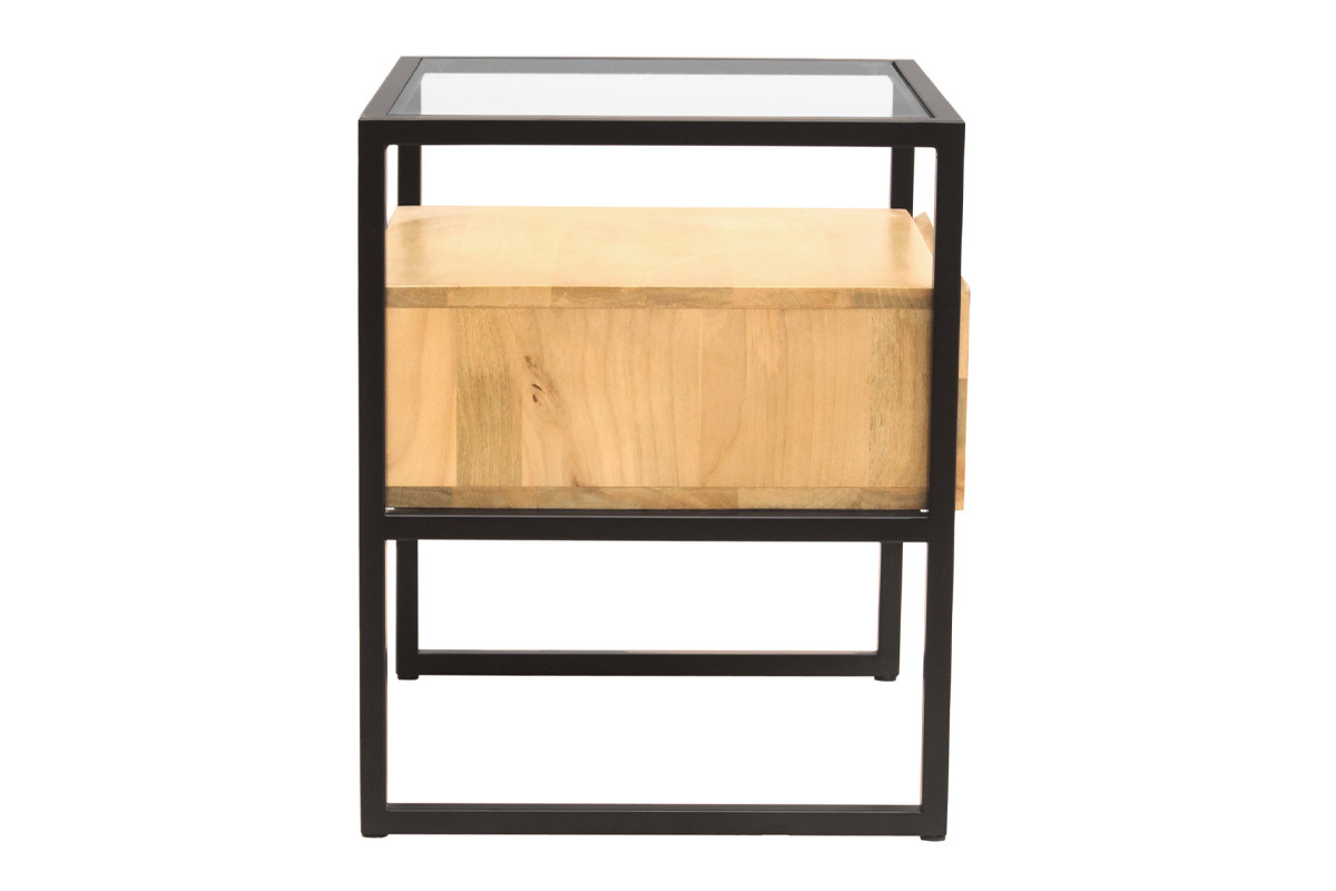 Comodino con cassetto in legno massello di mango, vetro e metallo nero L50 cm DIYA