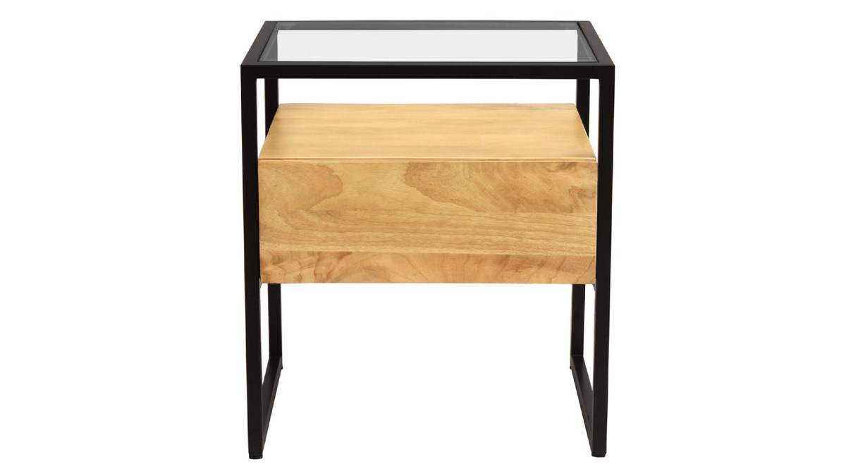 Comodino con cassetto in legno massello di mango, vetro e metallo nero L50 cm DIYA