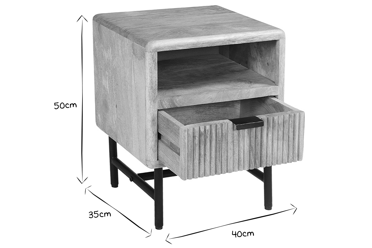 Comodino con scomparto legno chiaro massello di mango con incisioni e metallo nero L40 cm MORISSON