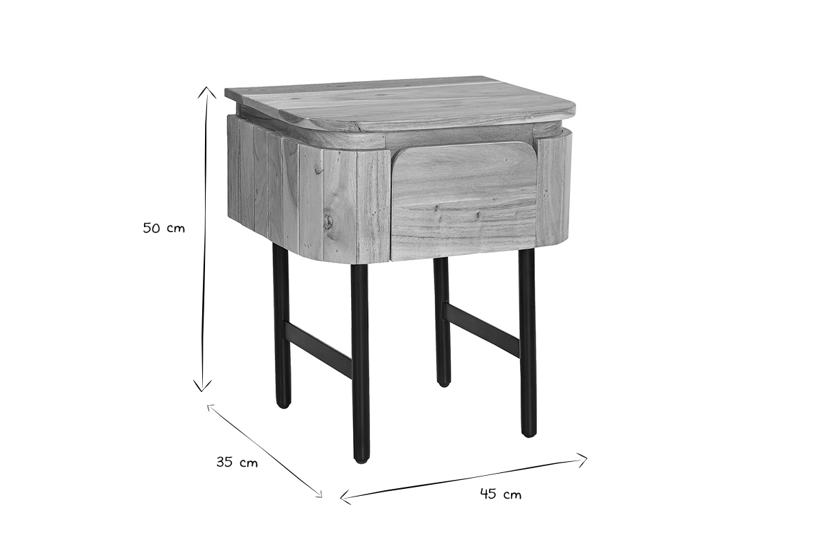 Comodino in legno massello e metallo nero con cassetto L45 cm NAPOLI