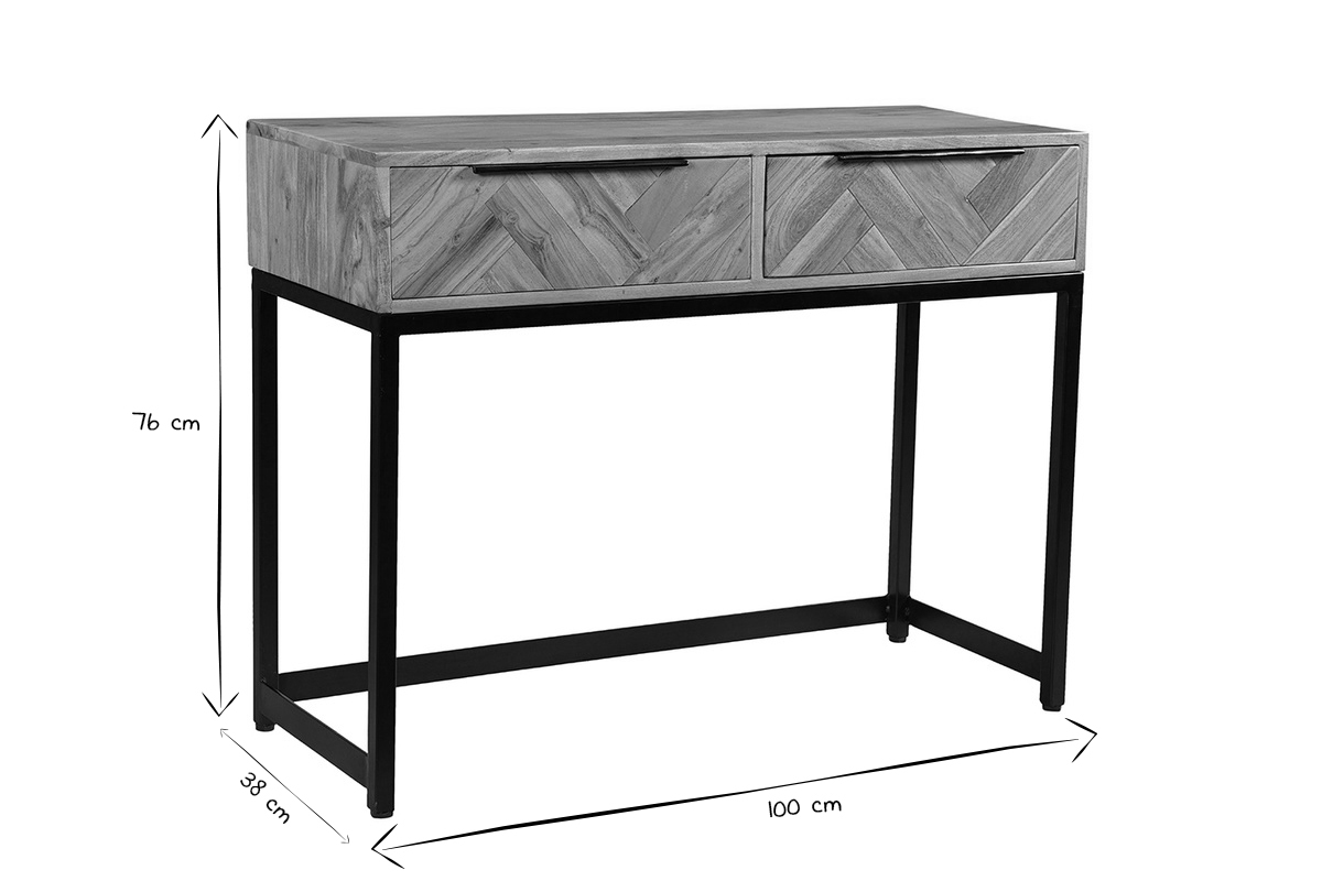 Console in acacia nera e metallo 2 cassetti L100 cm STICK