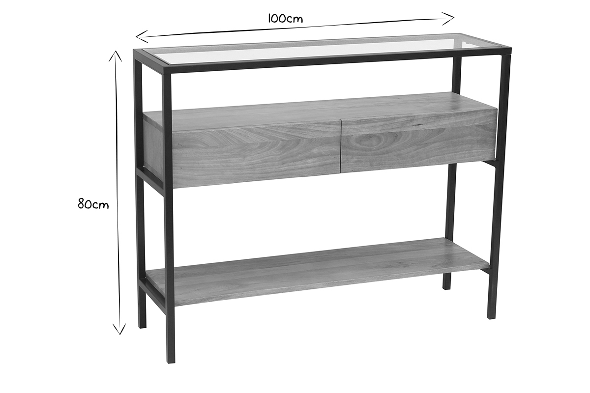 Consolle in legno massello di mango e ripiano in vetro 2 cassetti L100 cm SITA