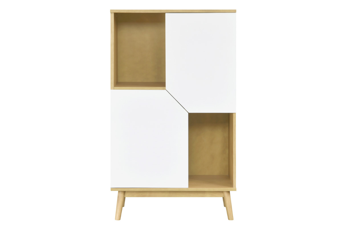 Credenza alta scandinava in legno chiaro e 2 ante bianche TALIA