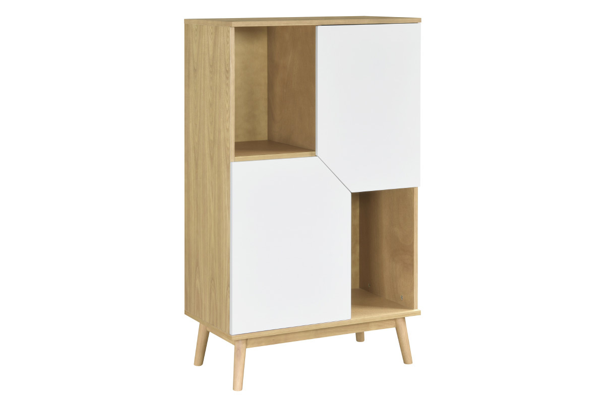 Credenza alta scandinava in legno chiaro e 2 ante bianche TALIA