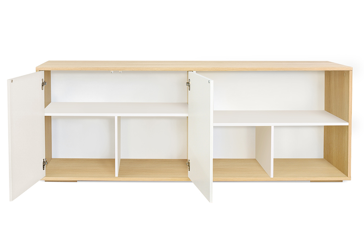 Credenza bassa scandinava bianco e legno chiaro massello di rovere L190 cm EZIA