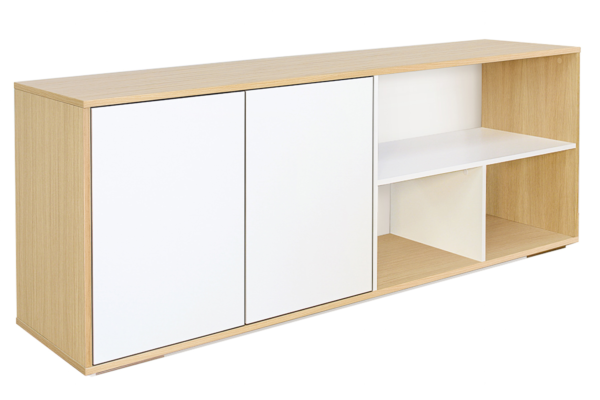 Credenza bassa scandinava bianco e legno chiaro massello di rovere L190 cm EZIA