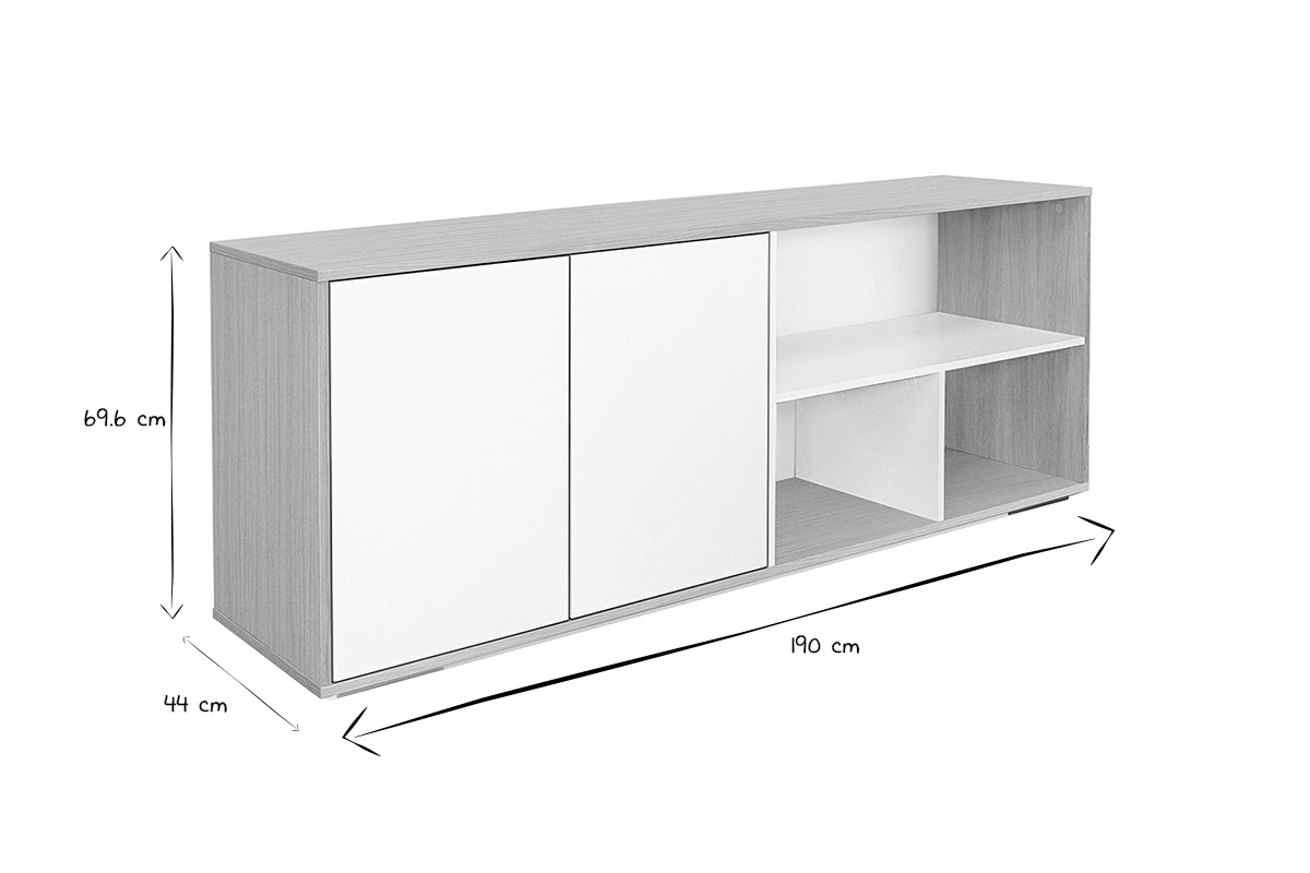 Credenza bassa scandinava bianco e legno chiaro massello di rovere L190 cm EZIA