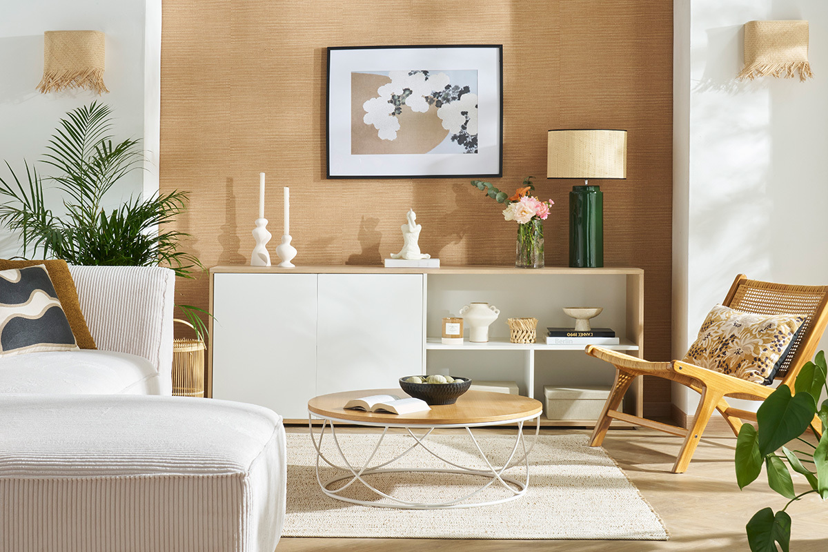 Credenza bassa scandinava bianco e legno chiaro massello di rovere L190 cm EZIA