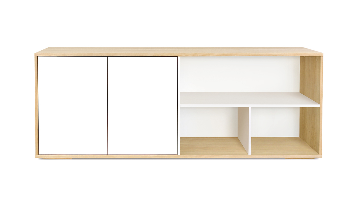 Credenza bassa scandinava bianco e legno chiaro massello di rovere L190 cm EZIA