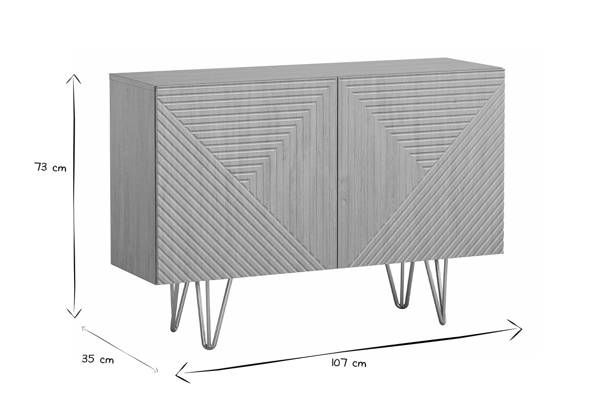 Credenza design con incisioni finitura legno chiaro rovere e metallo dorato 2 ante L107 cm OZEN