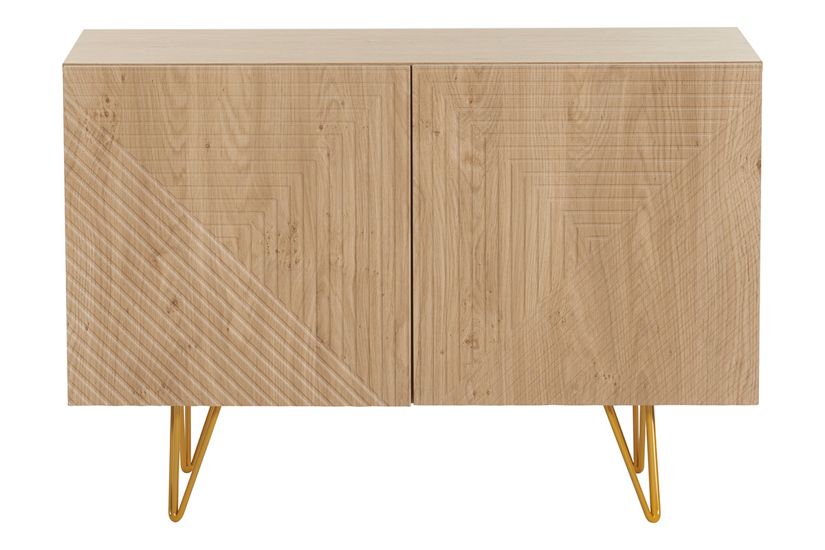 Credenza design con incisioni finitura legno chiaro rovere e metallo dorato 2 ante L107 cm OZEN