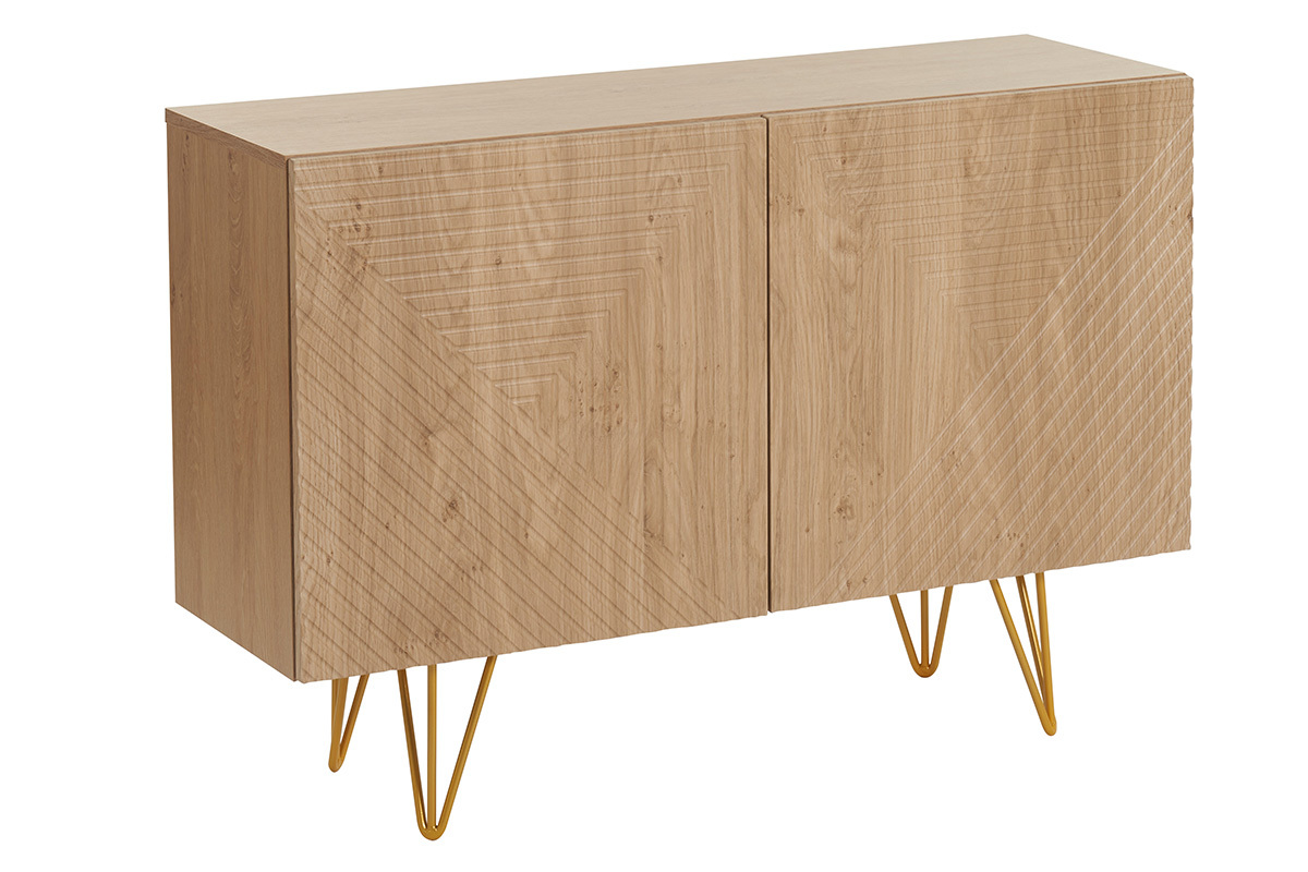 Credenza design con incisioni finitura legno chiaro rovere e metallo dorato 2 ante L107 cm OZEN