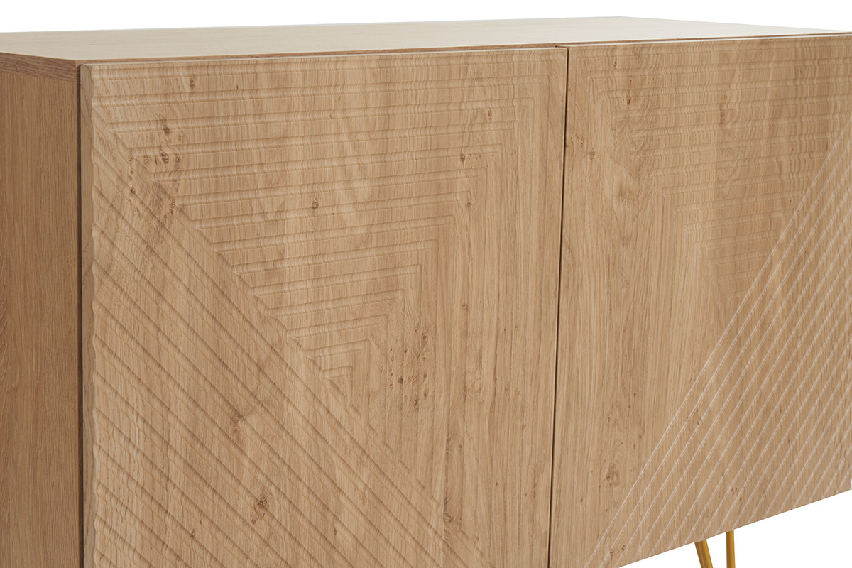 Credenza design con incisioni finitura legno chiaro rovere e metallo dorato 2 ante L107 cm OZEN