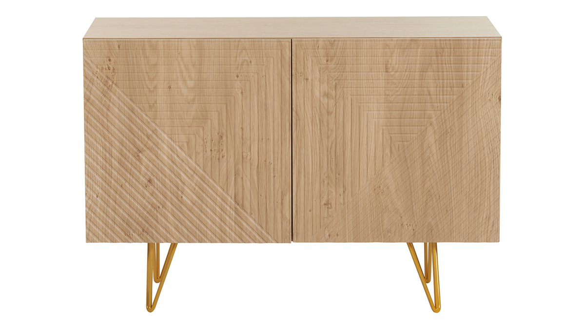 Credenza design con incisioni finitura legno chiaro rovere e metallo dorato 2 ante L107 cm OZEN