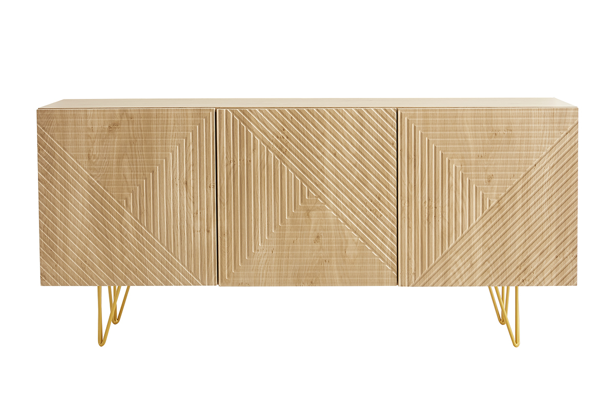 Credenza design con incisioni legno chiaro rovere e metallo dorato 3 ante L160 cm OZEN