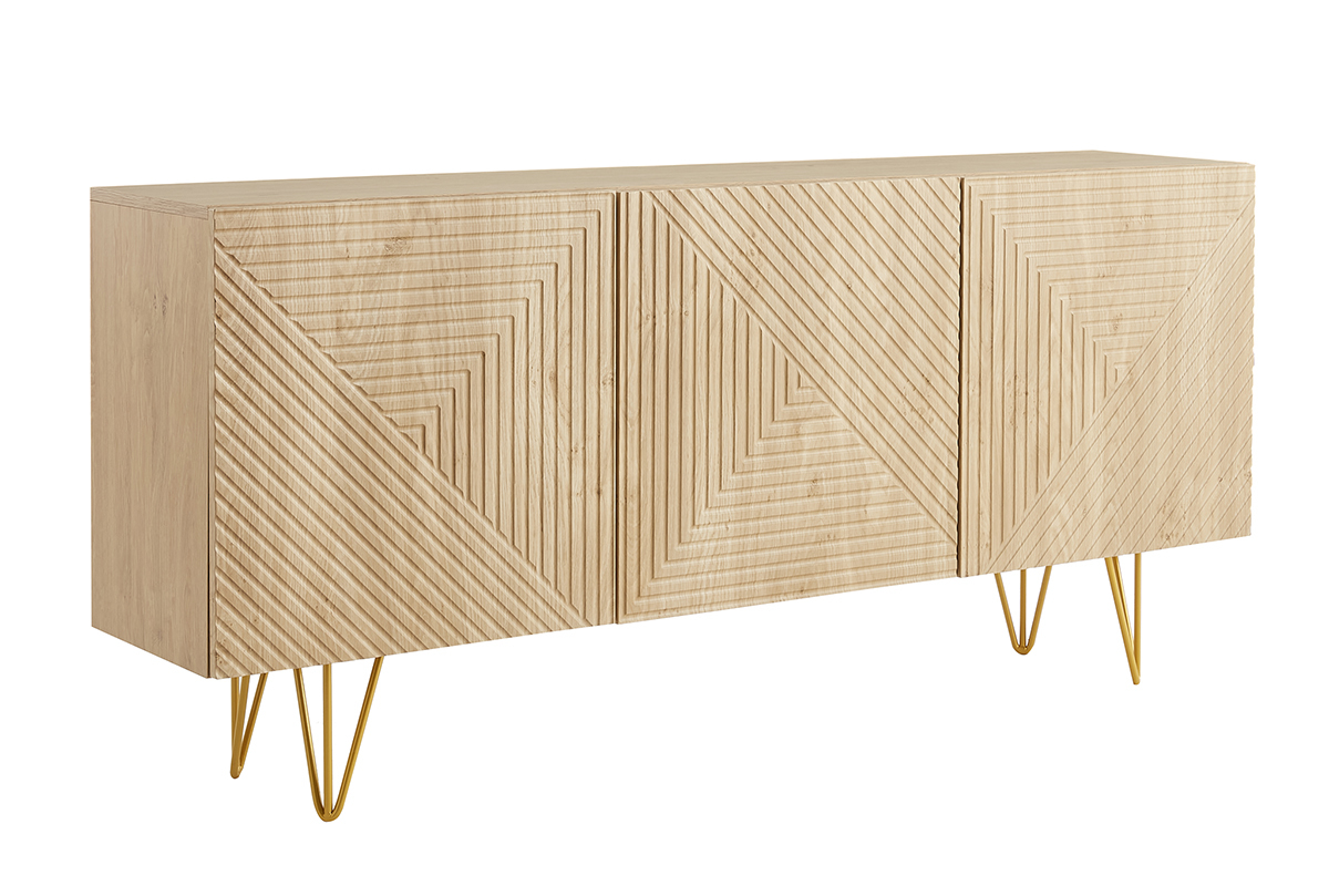 Credenza design con incisioni legno chiaro rovere e metallo dorato 3 ante L160 cm OZEN