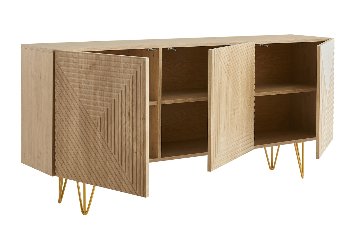 Credenza design con incisioni legno chiaro rovere e metallo dorato 3 ante L160 cm OZEN