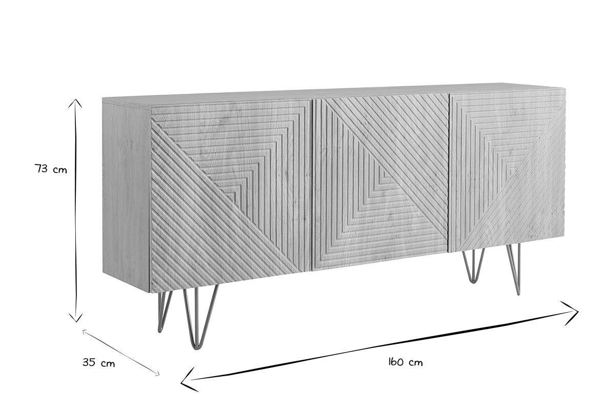 Credenza design con incisioni legno chiaro rovere e metallo dorato 3 ante L160 cm OZEN