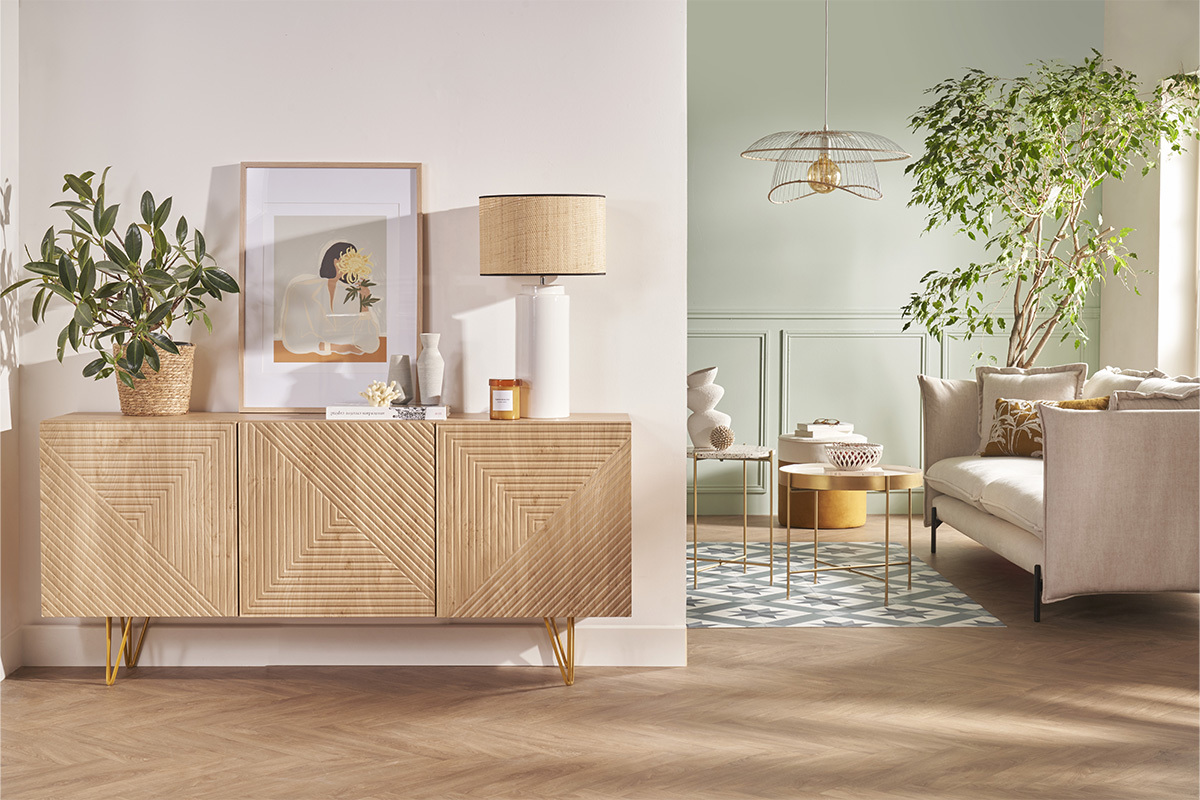 Credenza design con incisioni legno chiaro rovere e metallo dorato 3 ante L160 cm OZEN