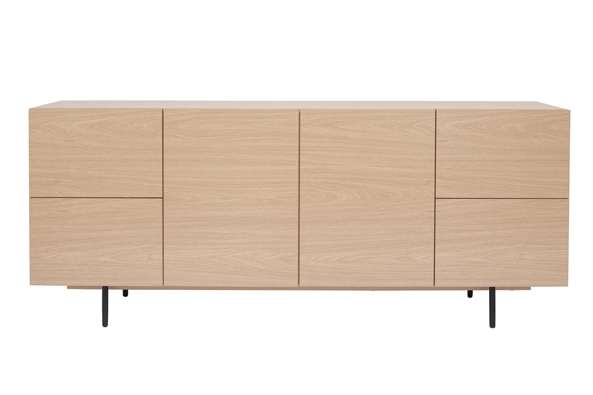 Credenza design finitura legno chiaro rovere e metallo nero 2 ante 4 cassetti L180 cm ALASKA