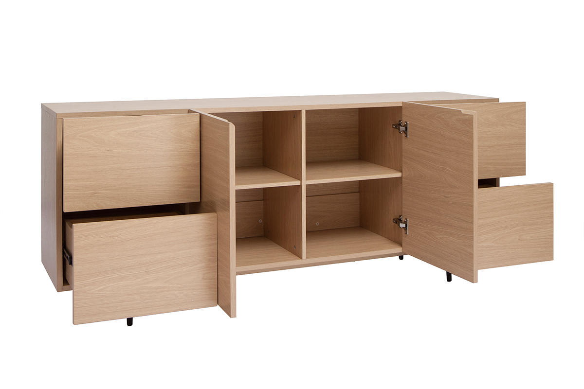 Credenza design finitura legno chiaro rovere e metallo nero 2 ante 4 cassetti L180 cm ALASKA