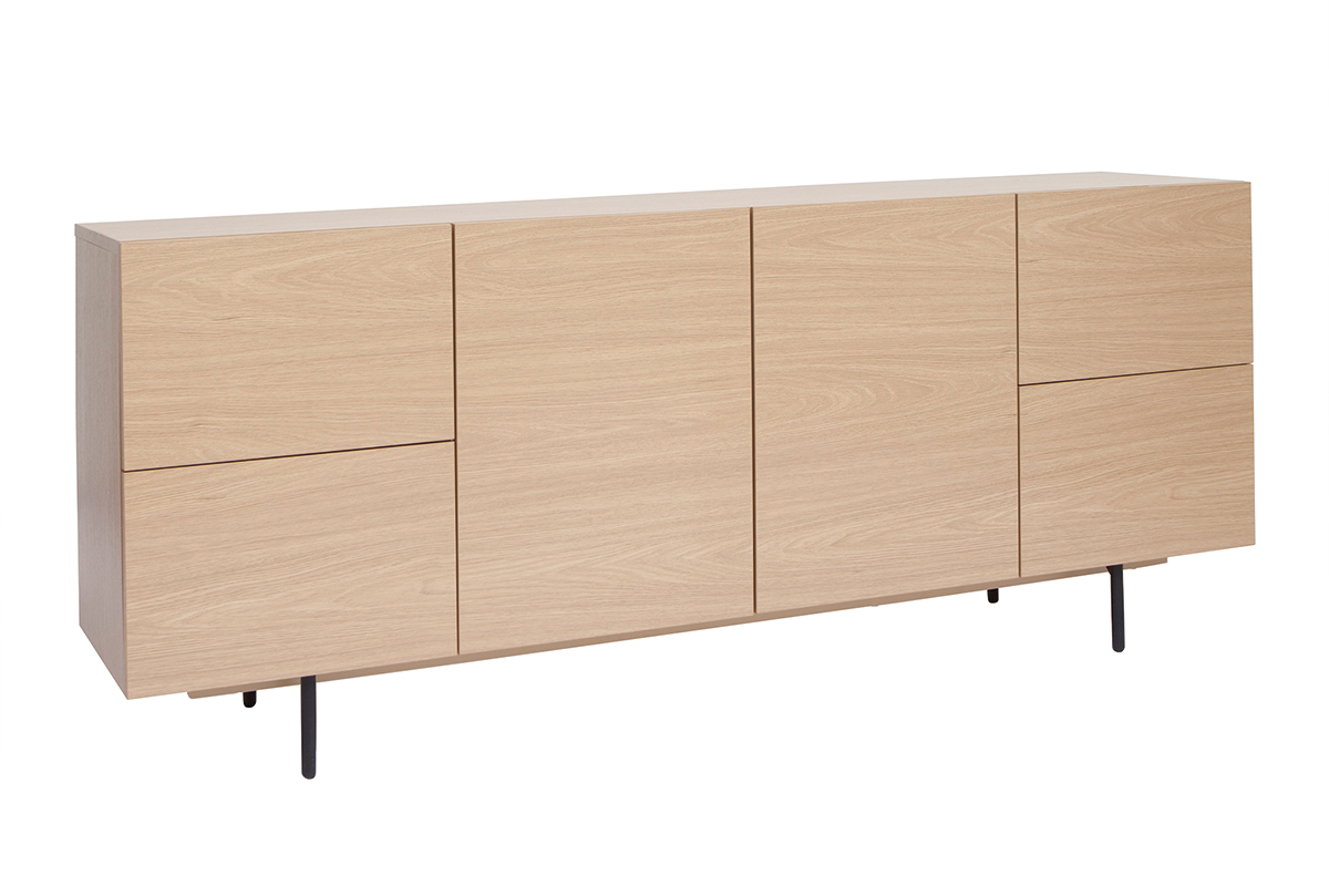 Credenza design finitura legno chiaro rovere e metallo nero 2 ante 4 cassetti L180 cm ALASKA