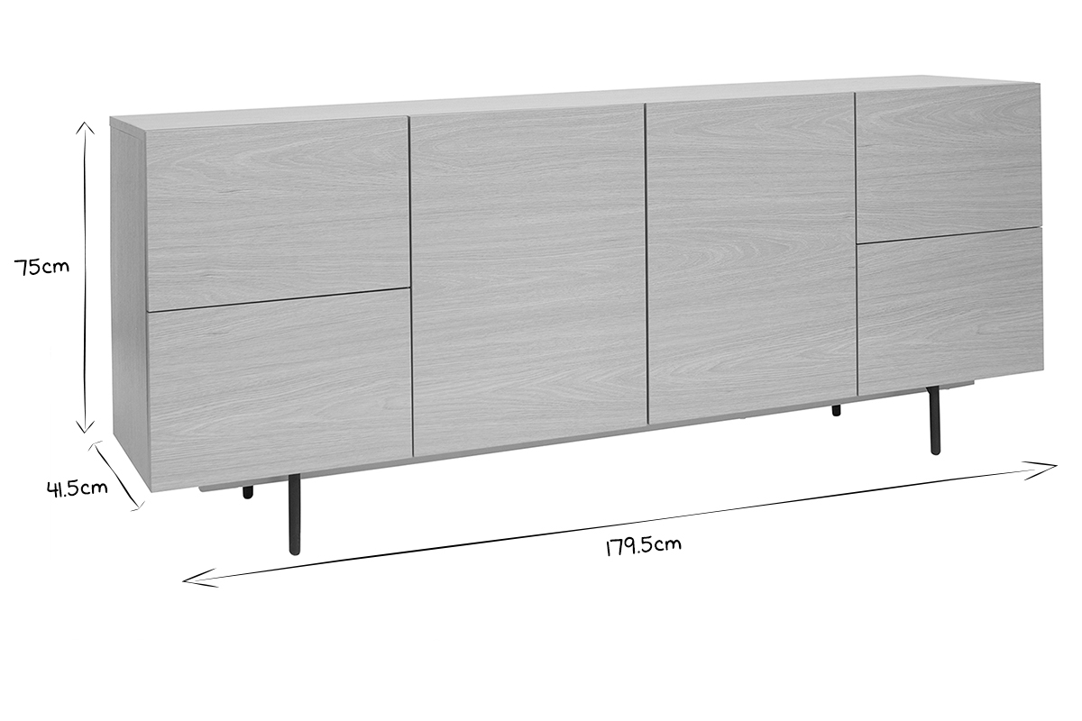 Credenza design finitura legno chiaro rovere e metallo nero 2 ante 4 cassetti L180 cm ALASKA