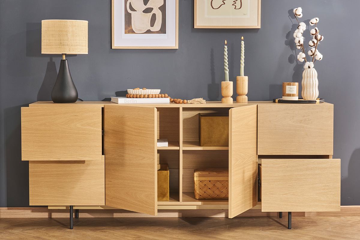 Credenza design finitura legno chiaro rovere e metallo nero 2 ante 4 cassetti L180 cm ALASKA